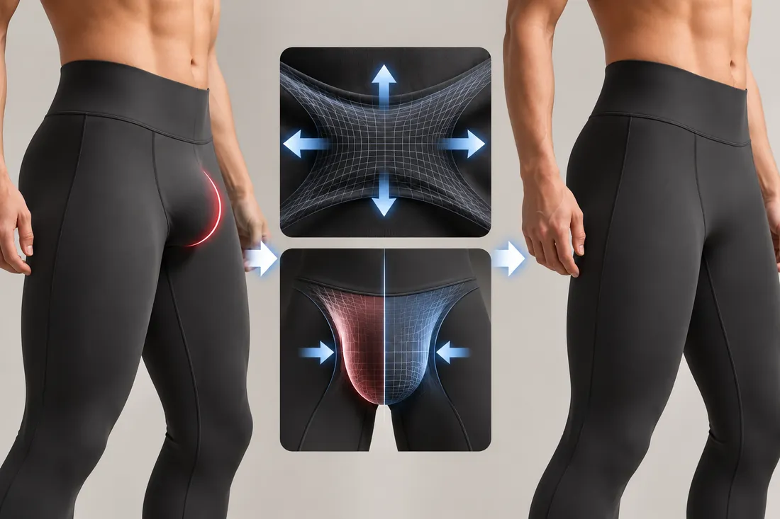 Before and after: the fit problem most men's leggings have, and how Torasca's construction solves it