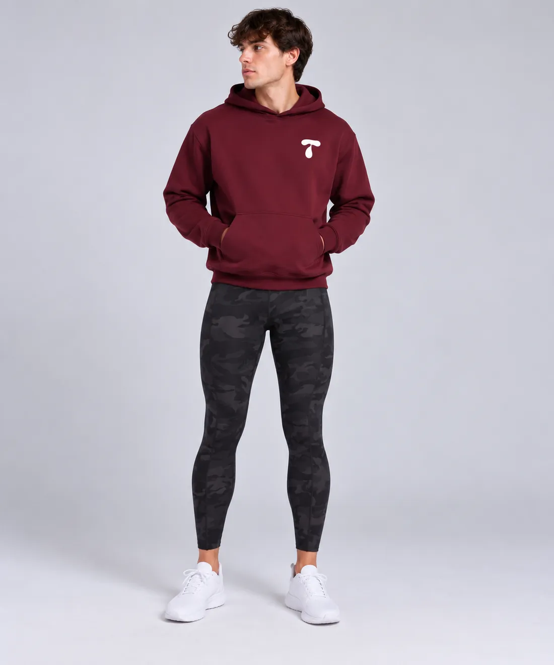 Camo leggings with a burgundy hoodie